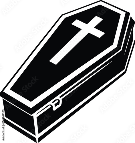 Black coffin with a cross on top isolated on transparent background silhouette