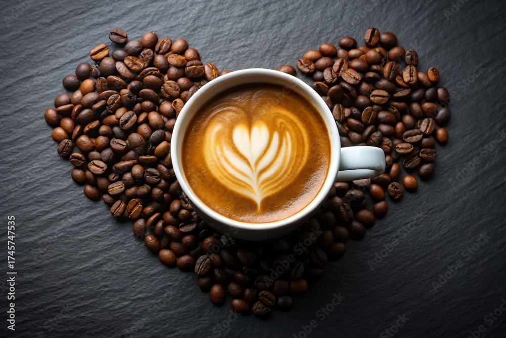 Fototapeta premium Aromatic coffee with latte art in heart shape on dark background