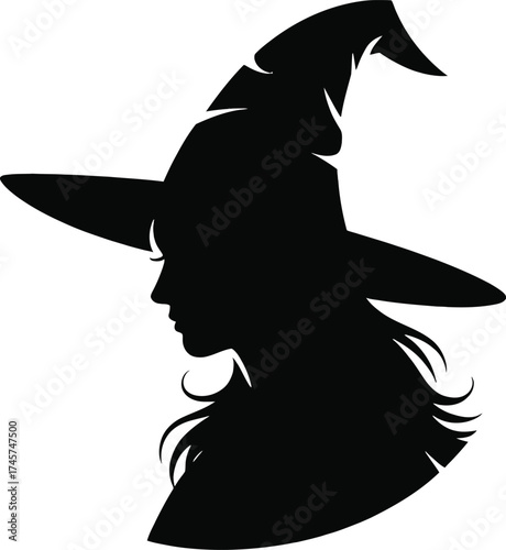 Elegant witch profile with pointed hat perfect for designs on transparent background silhouette