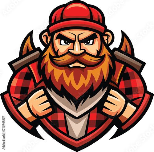Bearded Lumberjack Mascot with Axes woodsman male