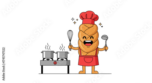 A happy challah bread character dressed as a chef is cooking in the kitchen with a whisk and ladle.