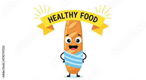 A happy baguette wrapped in a blue and white striped towel stands proudly under a banner that reads healthy food.
