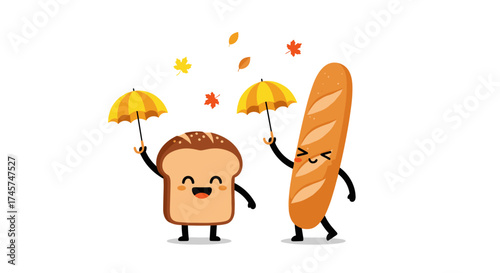 Cute slice of bread and baguette holding umbrellas under falling leaves.