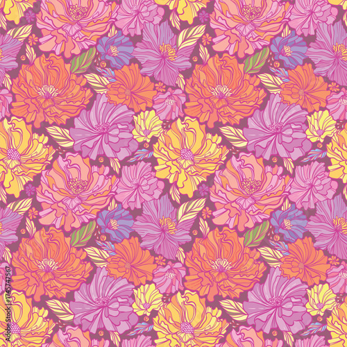 Bright seamless pattern with abstract flowers in fresh color palette. Endless...