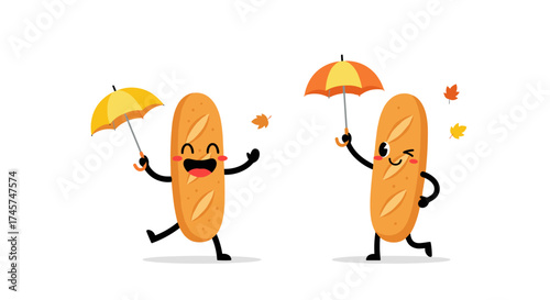 Cute cartoon baguettes enjoying a rainy autumn day under colorful umbrellas.