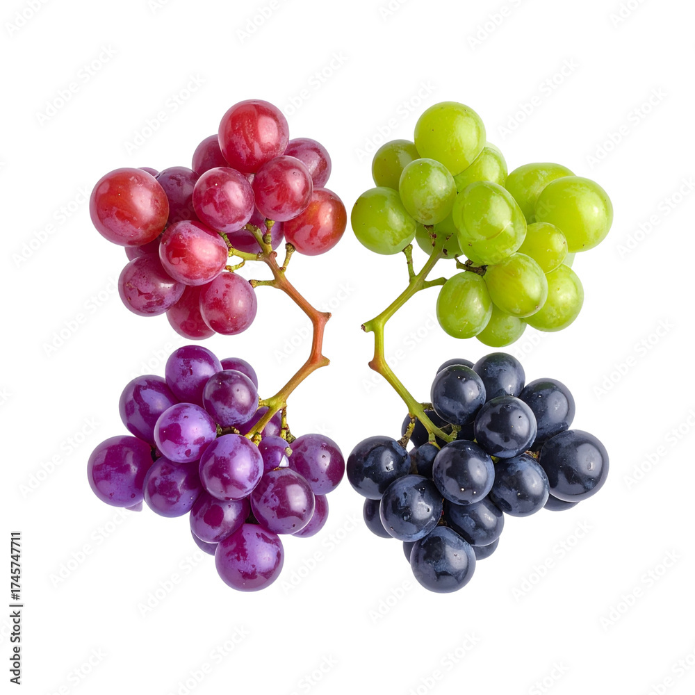 Fototapeta premium Colorful Grape Bunches Arranged in a Circular Pattern, Top View, Transparent Background