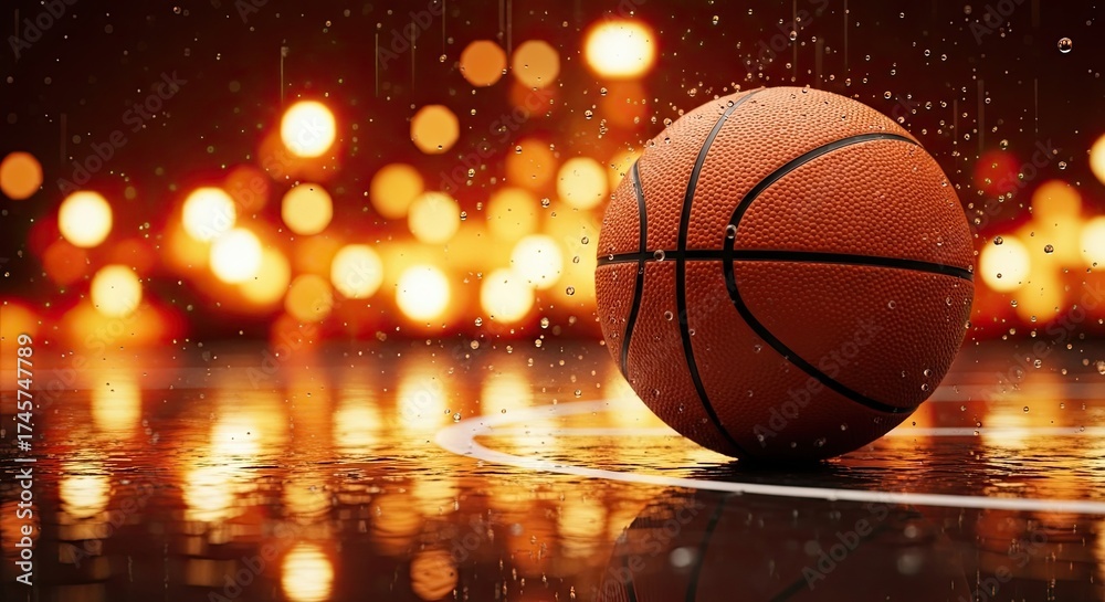 Obraz premium Basketball on Wet Court Under Warm Lights