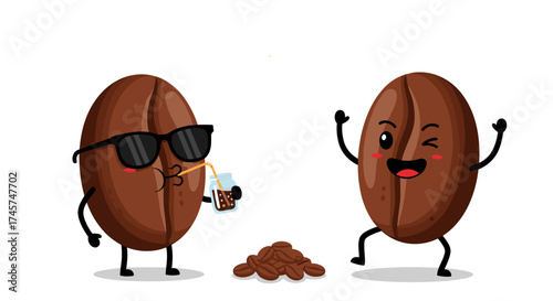 Two happy coffee beans enjoying a refreshing drink and celebrating with friends.