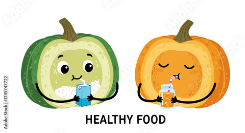 Cute green and orange pumpkins enjoying healthy drinks.