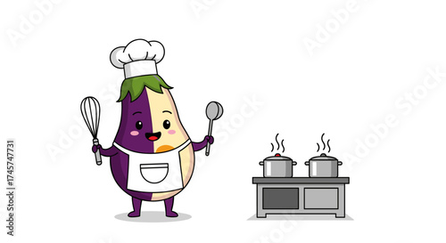 A cartoon chef eggplant dressed in an apron and chef hat holding cooking utensils with pots on a stove in the background.