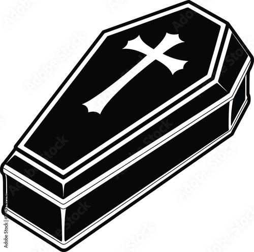 Black coffin with a cross design isolated on transparent background silhouette