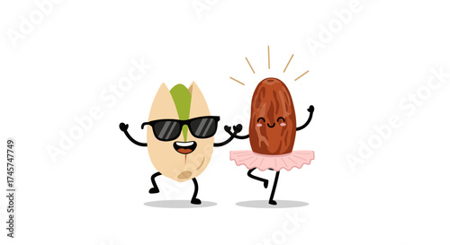 Dancing pistachio and raisin characters having fun together.