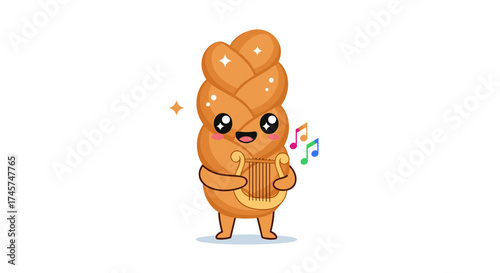A happy braided bread character playing a lyre with musical notes floating around it.