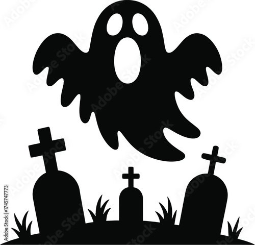 Spooky halloween ghost flying over graveyard with crosses on transparent background silhouette