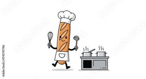 A charming cartoon illustration of a happy baguette chef cooking up a storm.