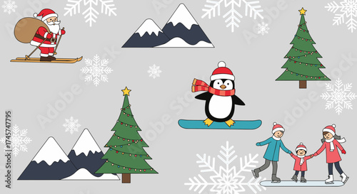 Christmas winter scene with Santa Claus skiing and a penguin snowboarding