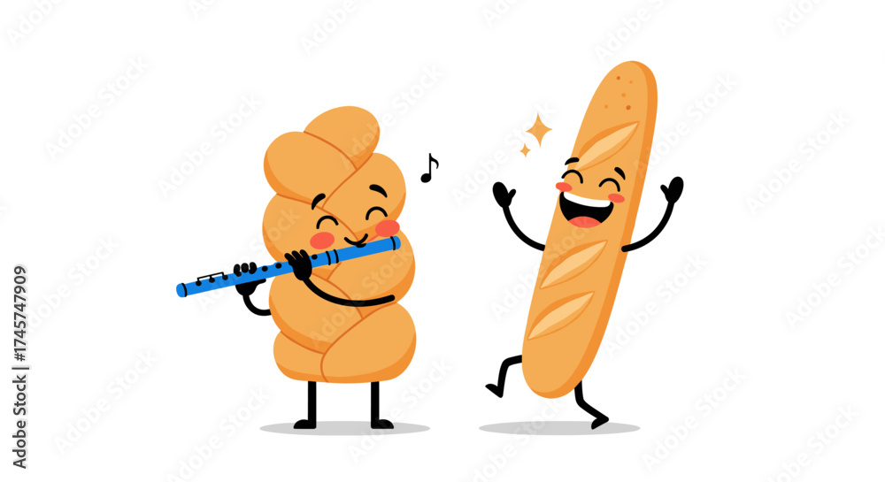 Fototapeta premium Cartoon braided bread plays flute for dancing baguette.