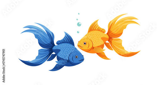 Two elegant fantail goldfish swimming in an aquatic environment with bubbles.