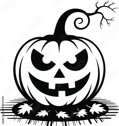 Spooky carved pumpkin with glowing face on transparent background silhouette