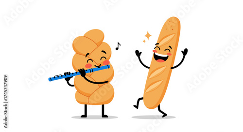 Cartoon braided bread plays flute for dancing baguette.