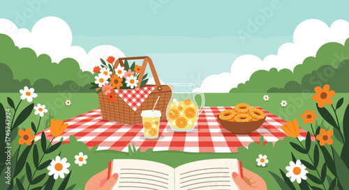 Enjoying a delightful picnic lunch surrounded by blooming flowers and a good book on a sunny day.