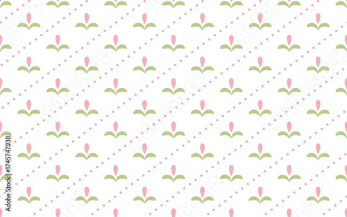 Cute simple floral Seamless pattern. Vertical background with pastel tulips and diagonal stripes in cottagecore style for spring themed wrapping paper, children’s bedding, or kitchen textiles.