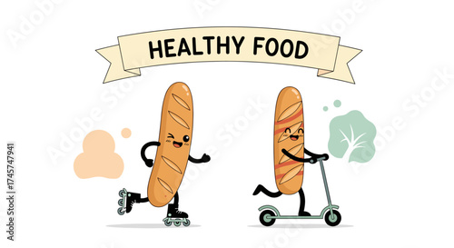 Funny cartoon baguettes enjoying healthy food and active lifestyle.
