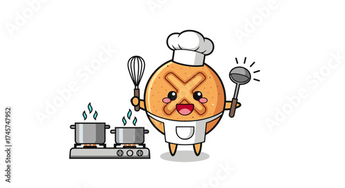 A cheerful cartoon bread character wearing a chef's hat and apron is busy cooking.