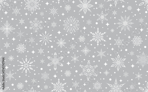 Winter seamless pattern. Festive background with white snowflakes and stars on grey. For Christmas and New Year decorations, wallpaper, wrapping paper, fabric, or digital backgrounds.