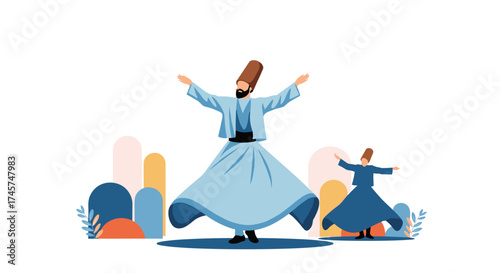 Whirling dervishes performing a spiritual dance in a vibrant and abstract setting .