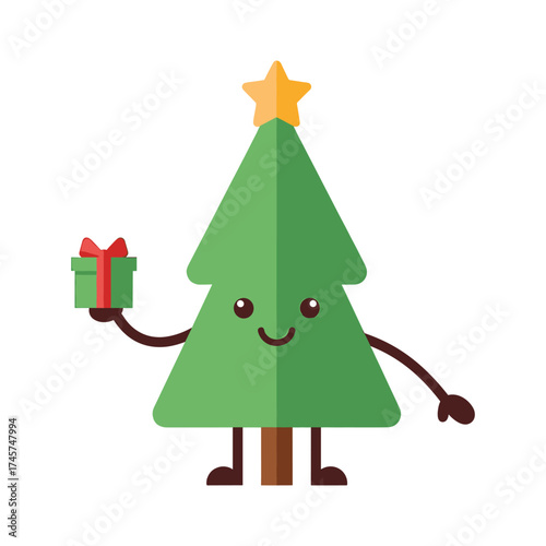 Cartoon Christmas tree character holding a gift with a star on top holiday festive