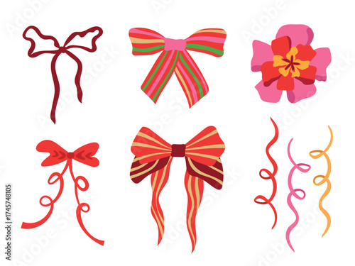 Festive ribbon bows vector illustration set. Colorful pink, red, maroon striped bows, curly gift ribbons and decorations isolated on white background. Holiday ornament for gift wrapping, celebration