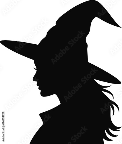 Elegant witch profile with pointed hat and flowing hair on transparent background silhouette