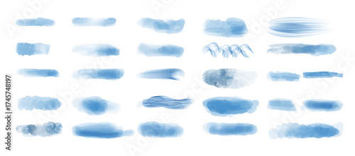 Blue watercolor stains, brushstrokes, background, form, design element. Colorful hand painted texture, wash. Abstract clouds, sea, water texture. 