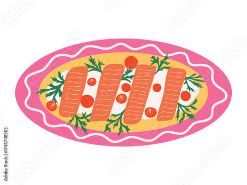 Baked salmon fillet vector illustration. Delicious fish slices garnished with herbs and cherry tomatoes on a pink serving plate isolated on white background. Festive seafood dish in playful flat style