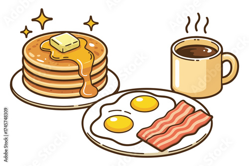 Breakfast illustration with pancakes, eggs, bacon, and coffee