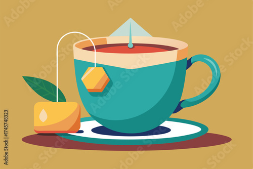 Cozy Tea Cup Illustration – Warm Beverage with Teabag & Leaf Decorative Art