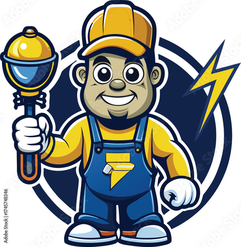 Cartoon Electrician Man With Light Bulb Tool vector