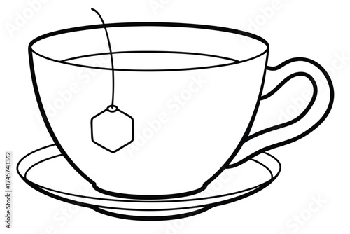 Cozy Tea Cup line art Illustration – Warm Beverage with Teabag & Leaf Decorative Art