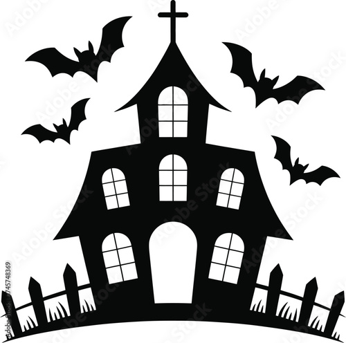 Spooky haunted house with bats and gothic architecture on transparent background silhouette