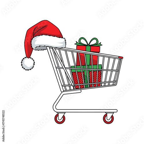 Christmas Shopping Cart Filled with Gifts and Santa Hat Keywords: Christmas, shopping cart