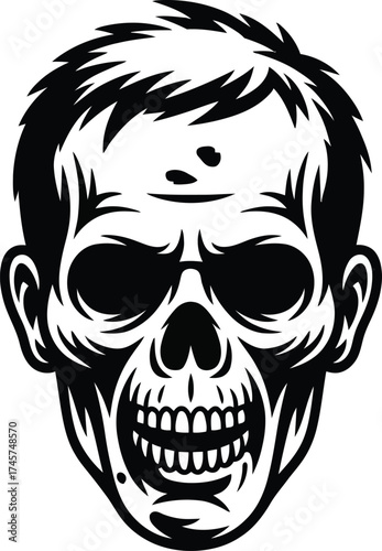 Detailed skull with hair illustration black and white design on transparent background silhouette