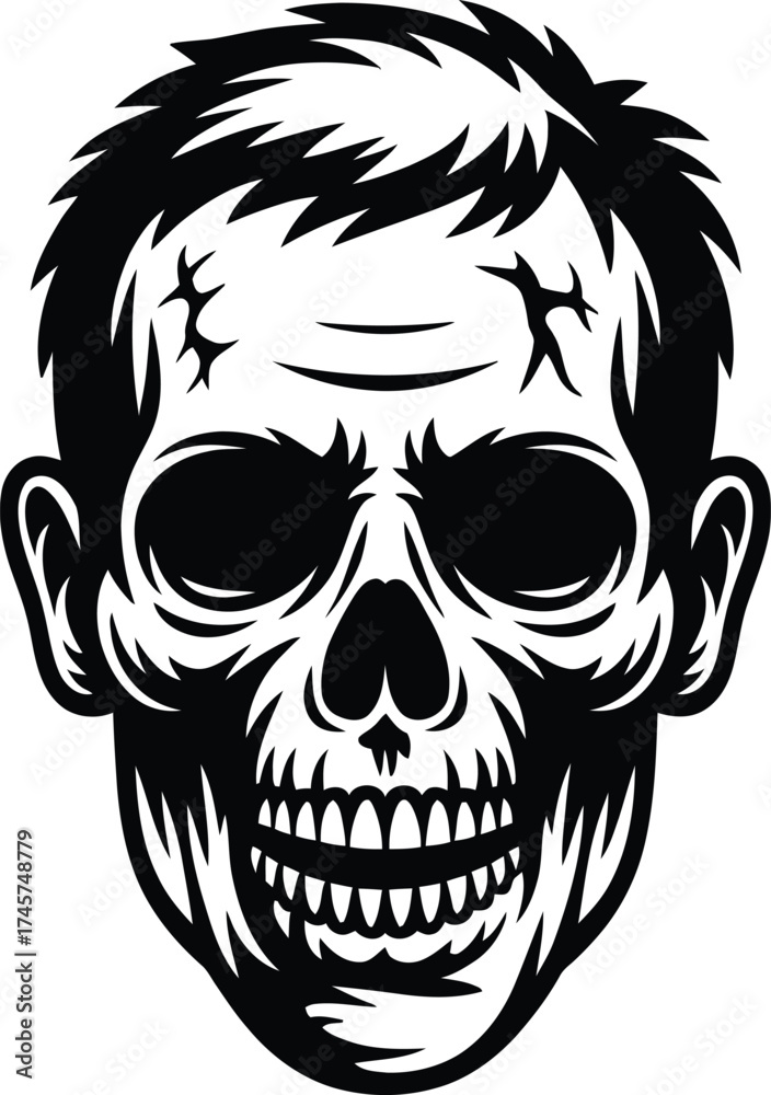 Fototapeta premium Detailed skull illustration with hair and cracks a striking silhouette on transparent background