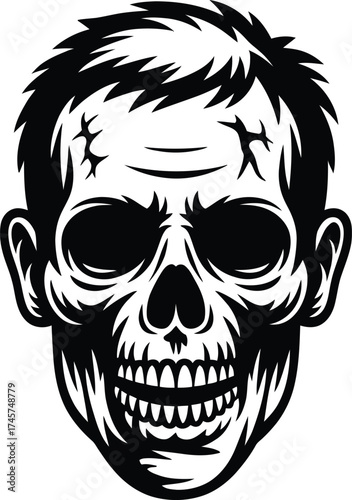 Detailed skull illustration with hair and cracks a striking silhouette on transparent background