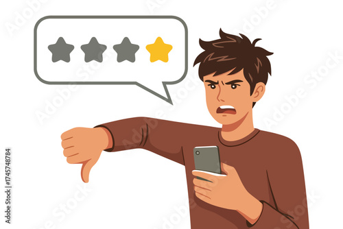 Man with bad rating isolated on white background