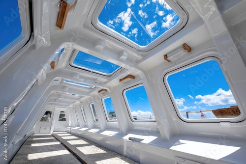 Interior structure of a modern catamaran deck showcasing bright sunlight and clear skies