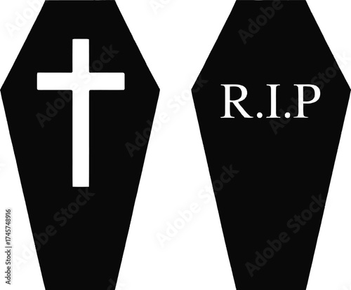 Black coffins with a cross and rip text on transparent background silhouette