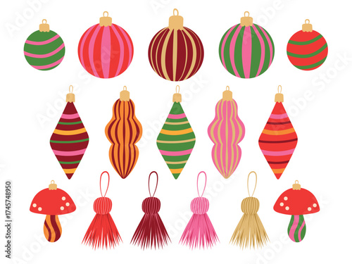 Christmas ornaments vector illustration set. Bright striped xmas baubles, mushroom decorations, festive tassels isolated on white background. Colorful bold holiday elements for merry winter decor