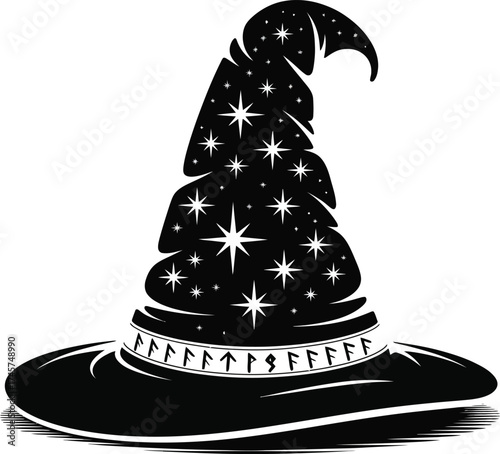 Mystical witch hat filled with stars and runes on transparent background silhouette