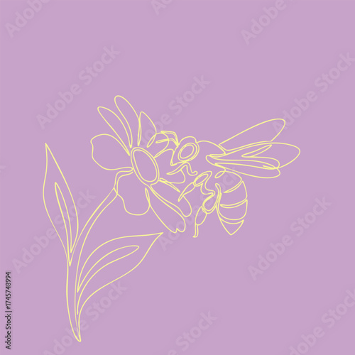 Minimalist Line Drawing of a Bee Pollinating a Flower on a Soft Purple